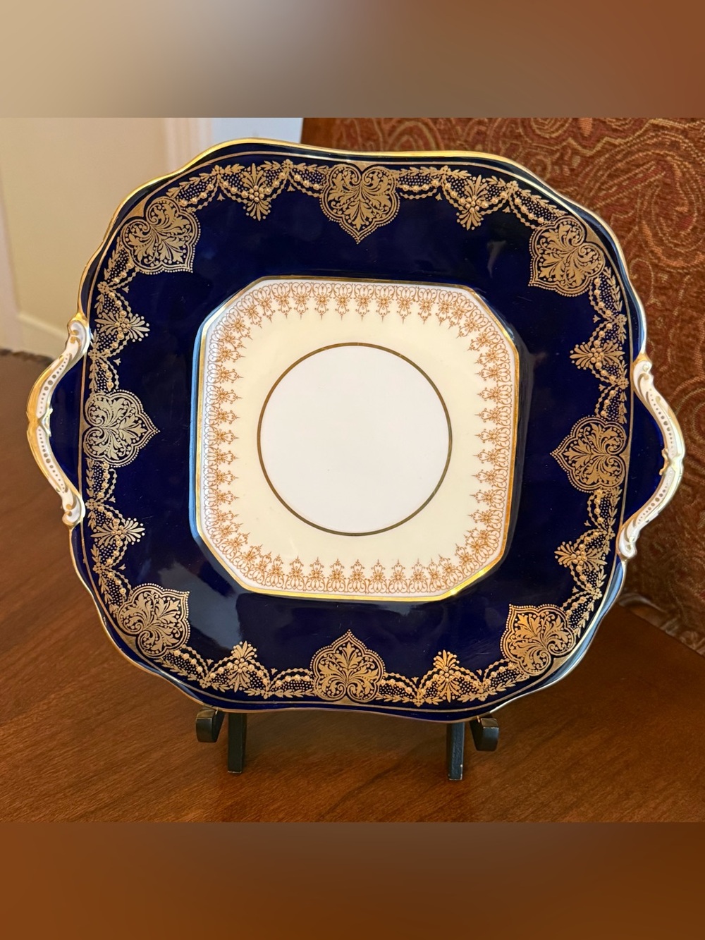 Vtg. Aynsley Bone China Handled Sandwich/Cake Plate Platter Cobalt Blue & Gold